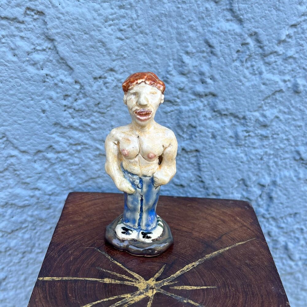 Ceramic man Male statue Folk Art mini Sculpture shirtless